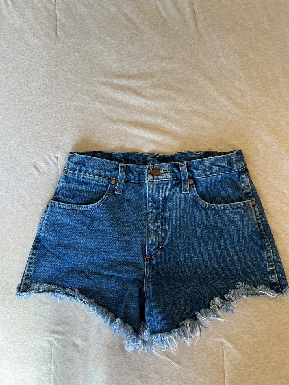 Wrangler Dark Blue Denim High-Rise Frayed Hem Shorts